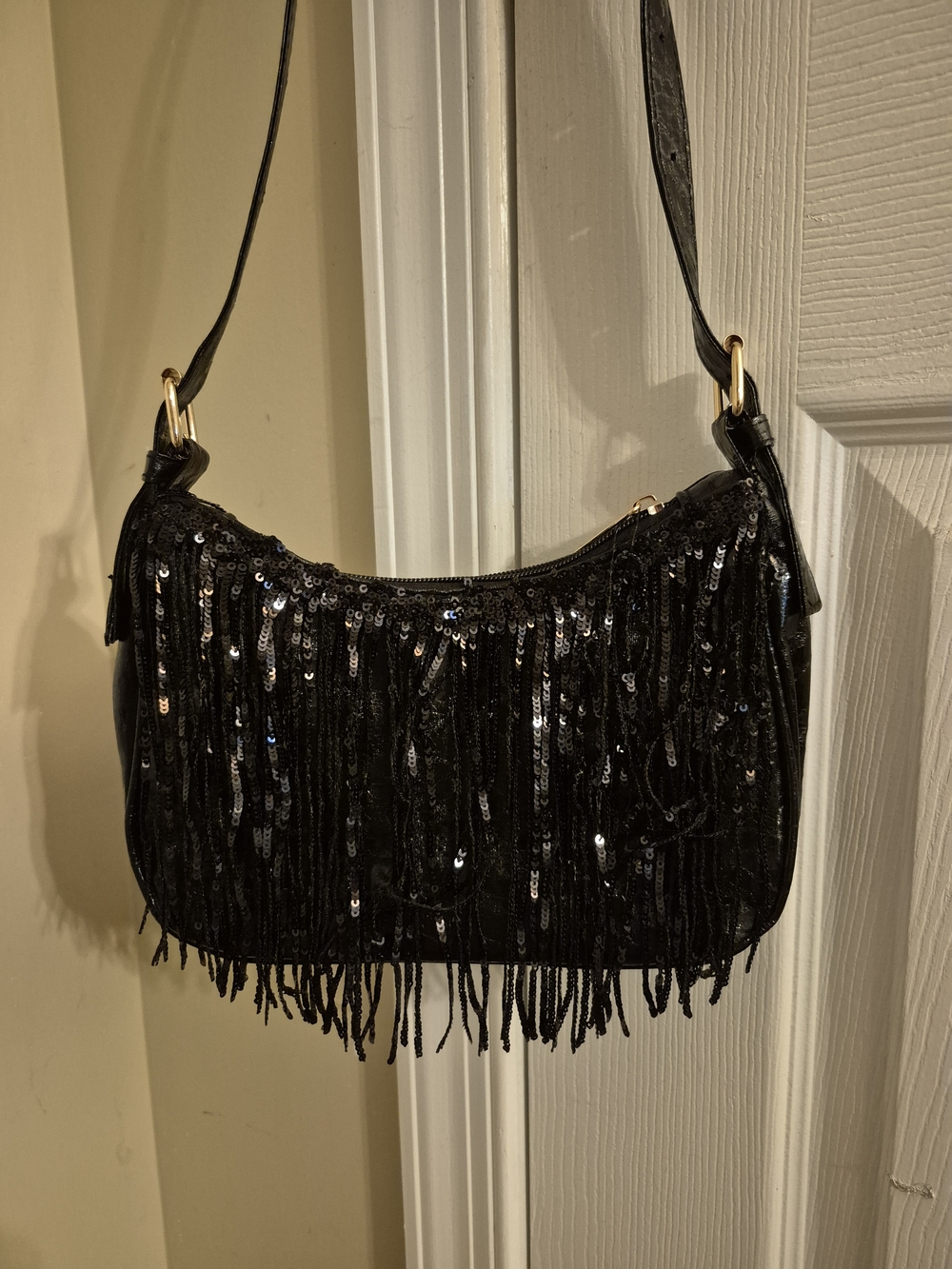 Women's Black Sequin Fringe Shoulder Bag with Gold Accents